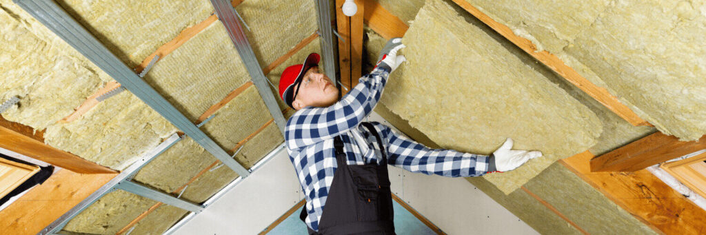 Handwerker bringt Dämmung im Dachgeschoss an, um Wärmeverluste zu vermeiden und Energie zu sparen