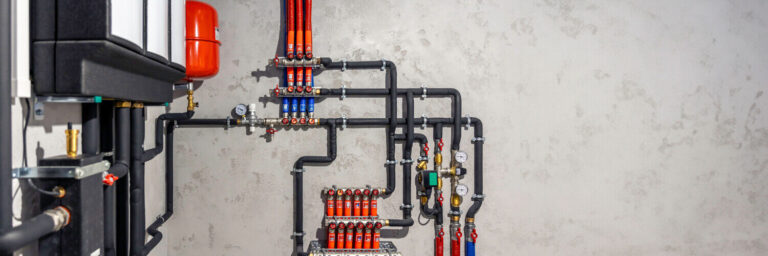 Heizungssysteme mit Rohren, Pumpen und Verteilerkästen an der Wand, die warmes Wasser im Haus verteilen